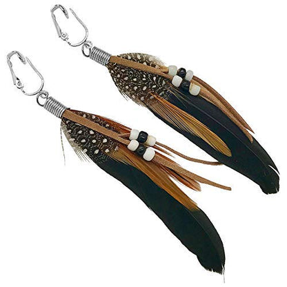 Aloha Earrings-Clip On Real Feather Earrings-Dangle Clip On Earrings Tassel Long Clip Earrings Bohemian - color: Black Feathers
