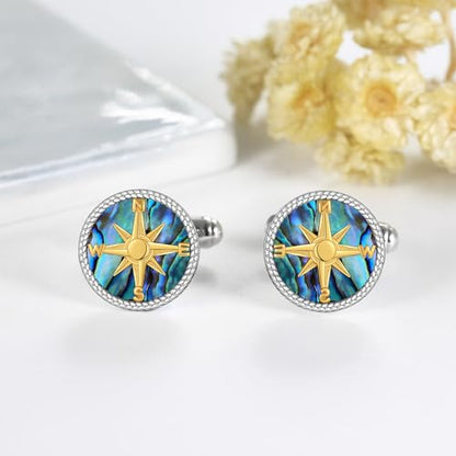 Cufflinks for Men Sterling Silver Abalone Shell Tuxedo Shirt Cuff Links Jewelry for Men Father Business Groomsmen - style: compass