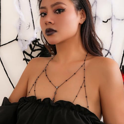 Body Chain Jewelry for Women Rhinestone Back Chain Necklace for Backless Dress Backdrop Chain Necklaces for Women - color: Black Body Chain