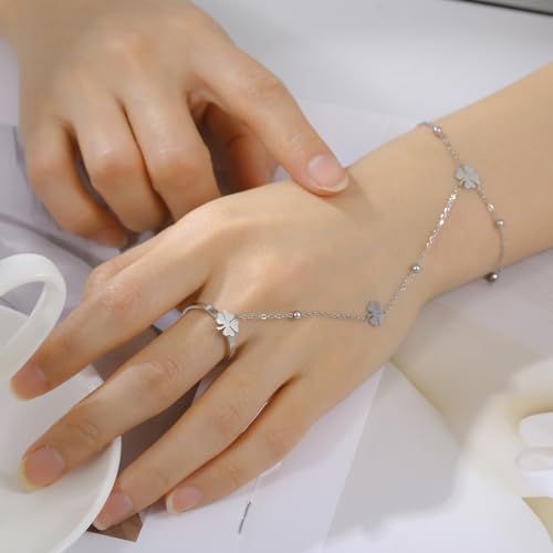 UNIFT Hand Chain Bracelets for Women Set Stainless Steel Adjustable Heart or Four-Leaf Clover Ring Chain Bracelet Trendy Dainty Jewelry Set Gifts - color: silver 2