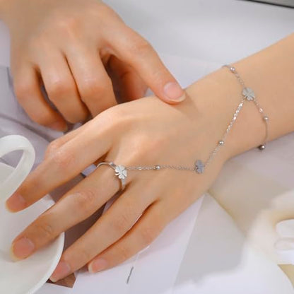 UNIFT Hand Chain Bracelets for Women Set Stainless Steel Adjustable Heart or Four-Leaf Clover Ring Chain Bracelet Trendy Dainty Jewelry Set Gifts - color: silver 2