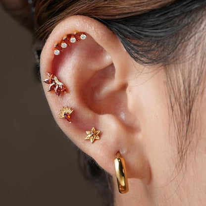 FINE4U 1PC ASTM F136 Titanium 16G Flatback Stud for Tragus, Helix, Conch 6mm 8mm - Screw on Cartilage Earring Piercing Jewelry - color: Flower CZ - Garnet - Gold
