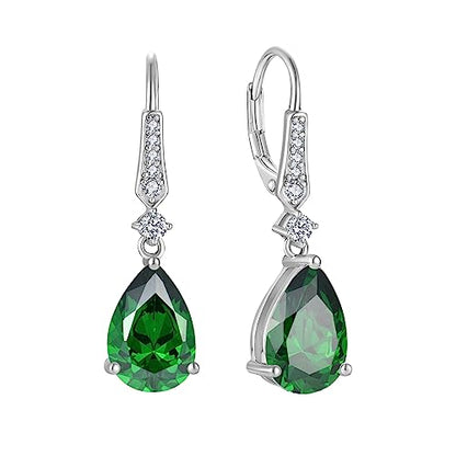 Women 925 Sterling Silver Birthstone Teardrop Leverback Drop Dangle Earrings 8 * 12mm 5A Cubic Zirconia Jewelry for Her - color: May,Emerald Color