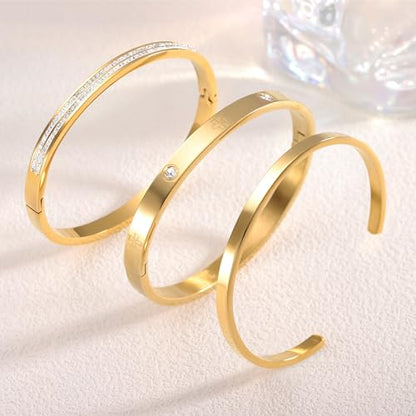 2PCS 18K Gold Plated Nail Bangle & Chain Bracelet Set for Women, Adjustable Stackable Bangle Jewelry, Dainty Gold Bracelet Gift for Women - color: Set V