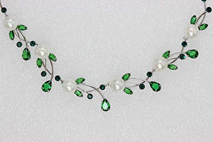 Faship Genuine 10mm Freshwater Pearls Floral Necklace Earrings Set | Premium CZ Crystal, Gorgeous, Sparkling - color: Green