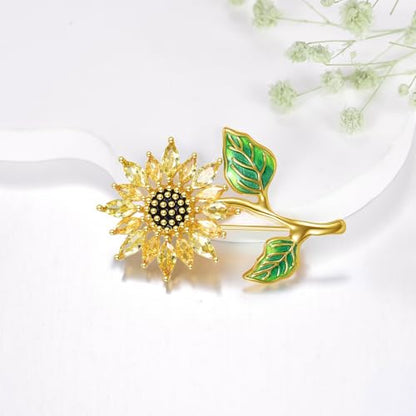Sunflower Brooch with Natural Citrine for Women, 18k Gold Plated 925 Sterling Silver Sunflower Pins for Clothes, Yellow Sunshine Flower Brooches Jewelry - style: Style 1