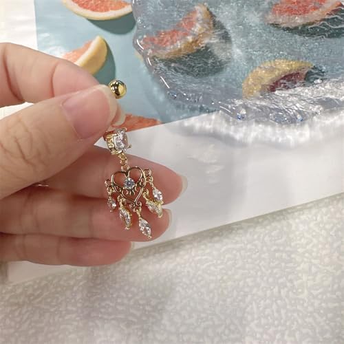 14G Boho Dangle Belly Button Ring, Stainless Steel Tassel Crystal Love Heart Chandelier Navel Piercing Barbell Belly Rings Body Piercings Jewelry for Women - color: Gold