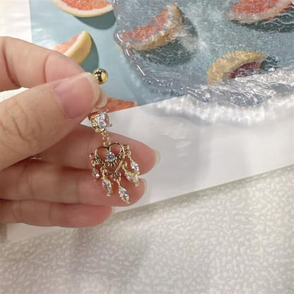 14G Boho Dangle Belly Button Ring, Stainless Steel Tassel Crystal Love Heart Chandelier Navel Piercing Barbell Belly Rings Body Piercings Jewelry for Women - color: Gold