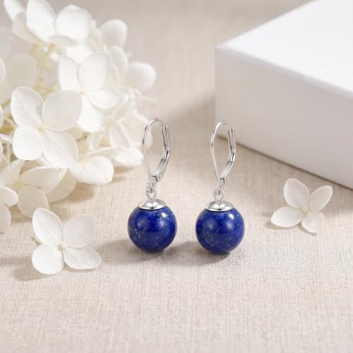 Pearl Leverback Earrings for Women Dangle Round Gemstone Earrings Birthstone Jewelry Gift Anniversary for Her - color: 19 lapis lazuli