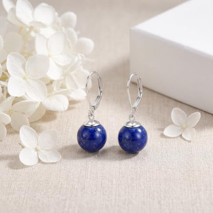 Pearl Leverback Earrings for Women Dangle Round Gemstone Earrings Birthstone Jewelry Gift Anniversary for Her - color: 19 lapis lazuli