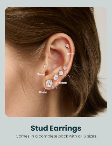 6 Pairs Stud Earrings Set, Hypoallergenic Cubic Zirconia 316L Earrings Stainless Steel CZ Earrings 3-8mm (Steel color) - color: A-002-gold