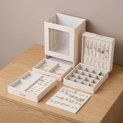 3-Tier Jewelry Organizer Box, Velvet Lining Jewelry Storage with Transparent Window, Multi-Compartment for Necklaces Earrings Rings, Gift for Women Girls, Vanity/Dresser Decor (White)