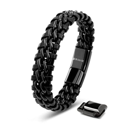SERASAR | Premium Genuine Leather Bracelet [Steel] for Men in Black | Magnetic Stainless Steel Clasp in Black, Silver and Gold | Exclusive Jewellery Box | Great Gift Idea - color: Black, size: 23cm