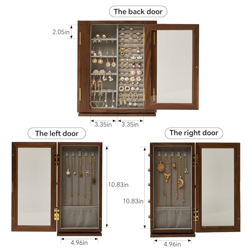 360 Rotating Design Wooden Jewelry Box for Women | Large Jewelry Organizer with Velvet Lining, 5 Drawers, Transparent Glass Doors, Black Walnut Wood Grain - size: Rotation