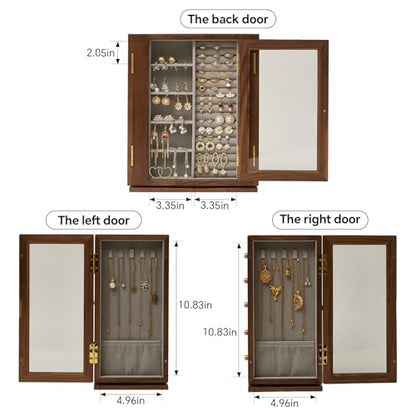 360 Rotating Design Wooden Jewelry Box for Women | Large Jewelry Organizer with Velvet Lining, 5 Drawers, Transparent Glass Doors, Black Walnut Wood Grain - size: Rotation