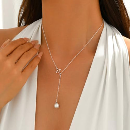 925 Sterling Silver Cross Pearl Lariat Necklace for Women | Y-Shaped Pearl Drop Necklace Adjustable Hollow Cross Pearl Necklace Faith Baptism Birthday Jewelry Gift for Mother Daughter - color: Silver