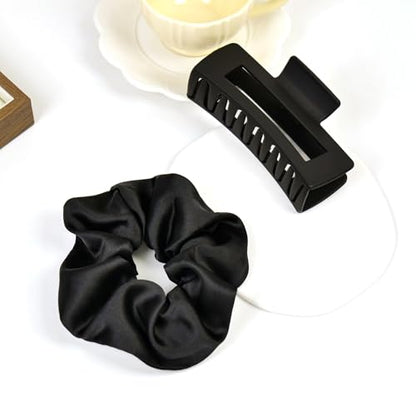 8pcs Black Hair Accessories Set – Square Hair Clips for Women, Satin Hair Scrunchies for Thick Thin Hair, Non-Slip Matte Hair Claws, Birthday Gift - color: All Black Set