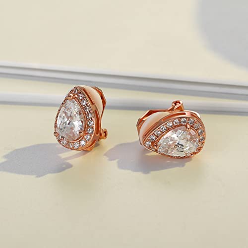 SELOVO Clip On earrings for Women Teardrop Cubic Zirconia Clip Earrings Stud - color: Clear-Rose gold tone