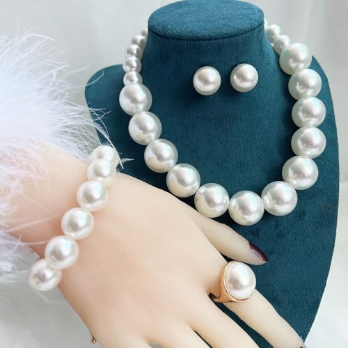4 PCS Elegant Pearl Set Elegant Pearl Jewelry with Earrings, Pearl Choker Necklace, Bracelet and Ring, Bridal Jewelry Set for Wedding - color: White