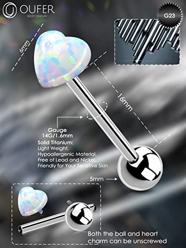 OUFER Titanium Tongue Rings - Heart Piercing Jewelry with White Opal