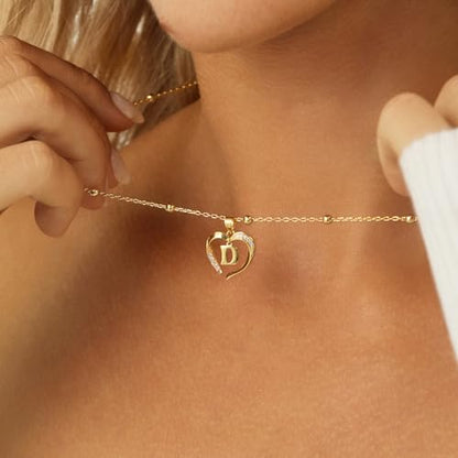Cicy Bell Womens Heart Initial Necklace 18k Gold Plated | Personalized Letter Pendant, 17.7'' with 2'' Extender - color: Style 2-D-Gold