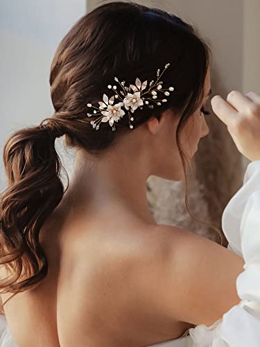 SWEETV Wedding Hair Comb for Bridal Hair Accessories, Handmade Flower Bridal Hair Clip Hair Pieces, Gold, 5.12 *2.75 inches, 1 Count (Pack of 1) | Handmade Wedding Hair Accessories Wedding Hair Pieces for Brides, Wedding Hair Clip Bridal Hair Comb Gold 5.