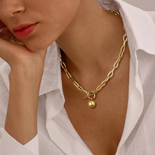 Chunky Gold Necklace for Women, 18K Waterproof Heart Necklace Statement Necklace Gold Charm Necklace Chunky Jewelry Paperclip Chain Choker Gift for Women - style: Golden Ball