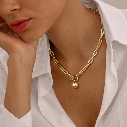 Chunky Gold Necklace for Women, 18K Waterproof Heart Necklace Statement Necklace Gold Charm Necklace Chunky Jewelry Paperclip Chain Choker Gift for Women - style: Golden Ball