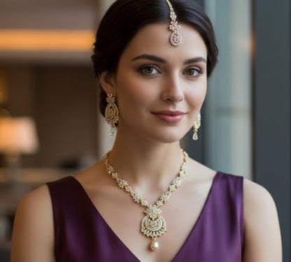 Touchstone Indian jewelry sets for women maang tikka wedding guest gold necklace bollywood jewellery set pageant elegant prom bride accessories western crystal chunky rhinestone necklaces - color: 4 White in gold plating pearl drop