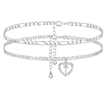 Initial Ankle Bracelets for Women 2pcs 18K Gold Plated Handmade Layered Letter Heart Figaro Chain Flat Mariner Anklets for Women Cute Summer Beach Foot Jewelry - style: Silver-T