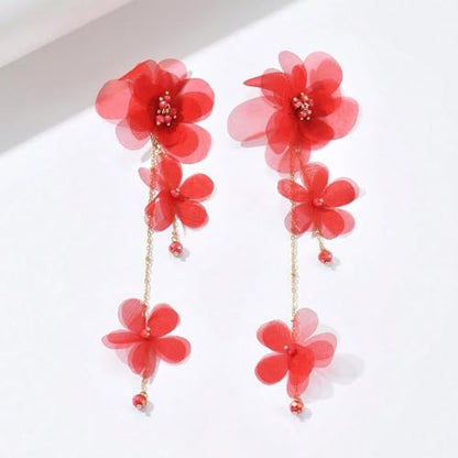Flower Earrings for Women Long Fabric Flower Tassel Earrings Bohemian Handmade Floral Statement Earring Wedding Prom Jewelry Gifts - color: A5：red