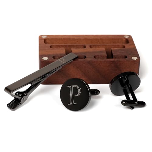 Mens Initial Cufflinks and Tie Clip A-Z Alphabet Letter Black Stainless Cuff Links Tie Bar with Engraved Walnut Wood Box Groom Groomsman Wedding Set - style: Classic-P