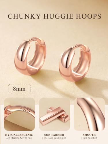Bestyle Gold Huggies Earrings for Women Hypoallergenic 925 Sterling Silver Post Huggie Hoop Earrings Thick Lightweight Small Hoop Earrings 8/10/12/14mm - color: Rose Gold, size: 8mm