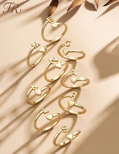 FUNRUN JEWELRY Gold Initial Ring for Women Non Tarnish 14K Gold Plated | Adjustable Letter Rings A-Z Dainty Heart Alphabet Stackable Band Rings Trendy Capital Letter Pinky Knuckle Thumb Ring - style: A Initial Ring