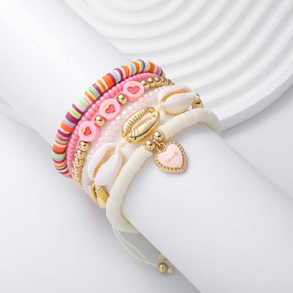 Summer Surfer Heishi Bracelet Set for Women Stackable Gold Plated Clay Ploymer Bead Stretch Pink Beach Layering Bracelets Jewelry - color: A-Pink 3 heart 6pcs