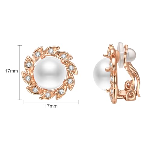 Vintage Pearl Clip On Earrings for Women Silver Rhinestone Earrings | Non Pierced Earrings 18K Rose Gold Plated Large White Pearl Earring Wedding Jewelry