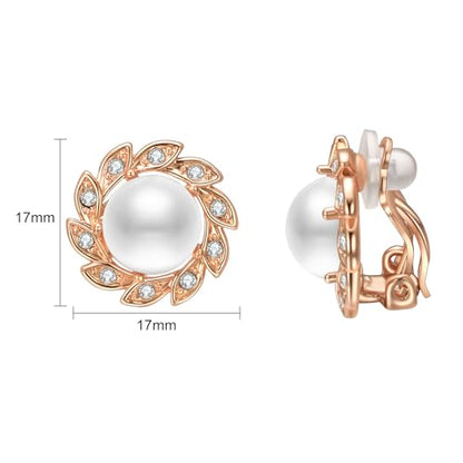 Vintage Pearl Clip On Earrings for Women Silver Rhinestone Earrings | Non Pierced Earrings 18K Rose Gold Plated Large White Pearl Earring Wedding Jewelry