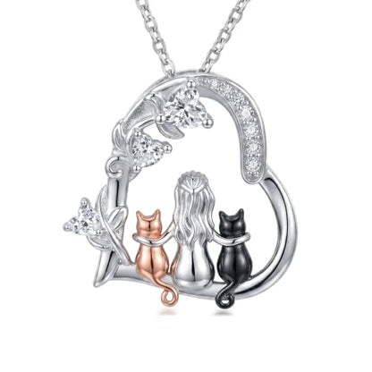 Heart Animal Necklace 925 Sterling Silver Cute Animal Pendant Jewelry Birthday Gifts for Women Girlfriend Mom Animal Lovers - style: 1-6 Two Cat