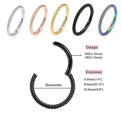MissNity 316L Surgical Steel Hinged Nose Rings Hoop 20G 18G 16G 14G, Diameter 6mm to 10mm, Color Gold - Rose Gold - Silver - Black - Rainbow - color: C21: Black - 1pc
