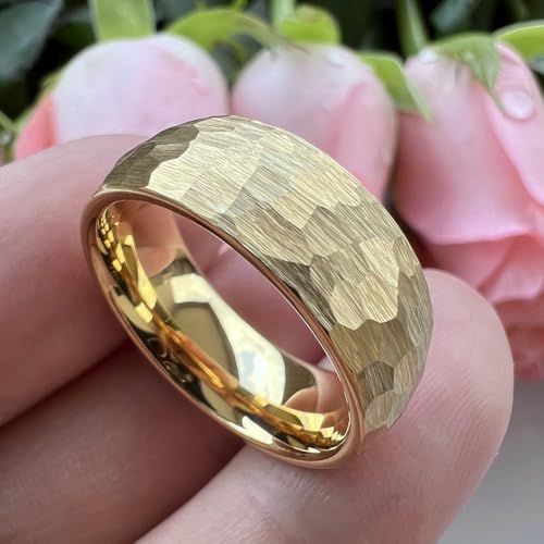 TUTISS 6mm 8mm Silver/Black/Gold/Rose Gold Hammered Tungsten Rings for Men Women Couple Fashion Jewelry Engagement Wedding Bands Domed Matte Finish Comfort Fit - color: 8mm Gold Tungsten