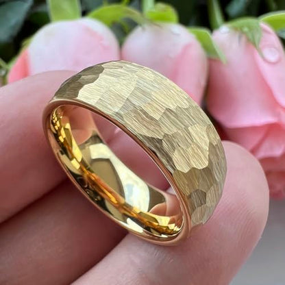 TUTISS 6mm 8mm Silver/Black/Gold/Rose Gold Hammered Tungsten Rings for Men Women Couple Fashion Jewelry Engagement Wedding Bands Domed Matte Finish Comfort Fit - color: 8mm Gold Tungsten
