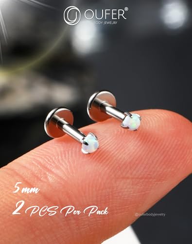 OUFER 2PCS 16G/20G Nose Lip Studs, G23 Solid Titanium Threadless Push in Nose Nostril Lip Labret Medusa Monroe Helix Cartilage Tragus Conch Lobe Piercing Jewelry for Women Men - color: Silver bar, Claw Opal, size: 2pcs, 16g 5mm, 1.5mm Opal