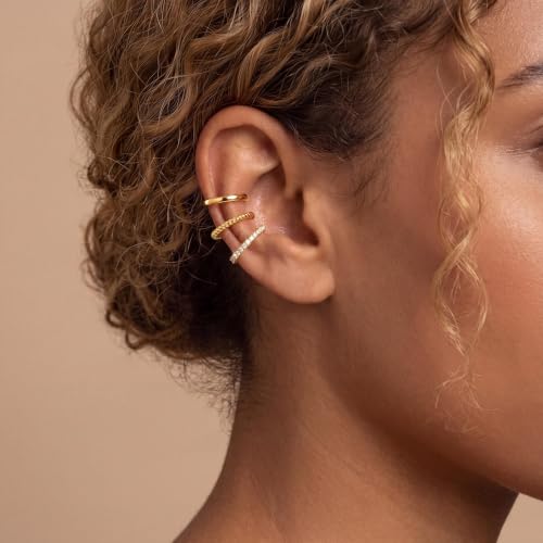 Gold Ear Cuffs Earrings for Women Non Piercing Clip on Cartilage Earrings | Trendy Gold Ear Cuff,Cartilage Clip on Earrings,Thin Huggie Hoop CZ Earring Set ,Fashion Jewelry,Non Tarnish,Gift - style: 3pc cz-gd