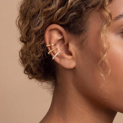 Gold Ear Cuffs Earrings for Women Non Piercing Clip on Cartilage Earrings | Trendy Gold Ear Cuff,Cartilage Clip on Earrings,Thin Huggie Hoop CZ Earring Set ,Fashion Jewelry,Non Tarnish,Gift - style: 3pc cz-gd