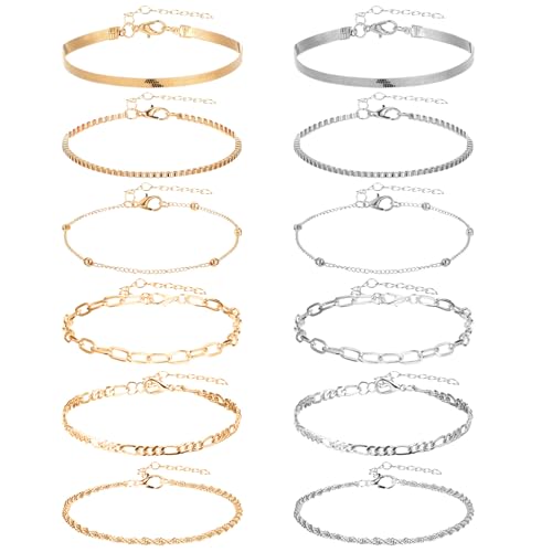 12pcs Gold/Silver Ankle Bracelets for Women Layered Waterproof 14k Cuban Link Chain Anklets Set Adjustable Dainty Summer Beach Gold Accessories Boho Bracelet Jewelry - style: 12PCS Style B