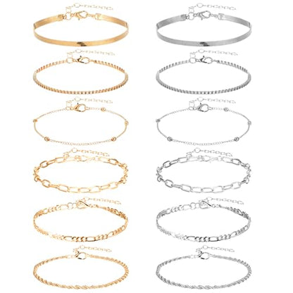 12pcs Gold/Silver Ankle Bracelets for Women Layered Waterproof 14k Cuban Link Chain Anklets Set Adjustable Dainty Summer Beach Gold Accessories Boho Bracelet Jewelry - style: 12PCS Style B