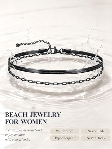 U7 Silver/Gold/Black Ankle Bracelets for Women Layered Chain Anklets | Stainless Steel Anklets Waterproof Summer Beach Anklet Charm, Adjustable 8.5"-10.5",Layered Anklet Fashion - color: Black - Flat Snake Chain+Paperclip Chain