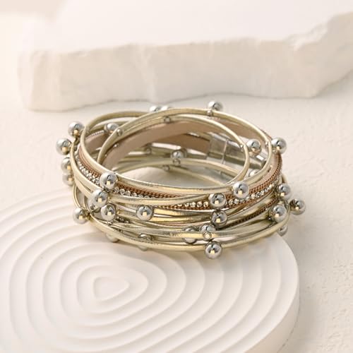 VIBILIA Boho Leather Wrap Bracelets for Women Multi-Layer Bracelets | With Strong Clasp Jewelry for Women - color: 07-Beads-Khaki