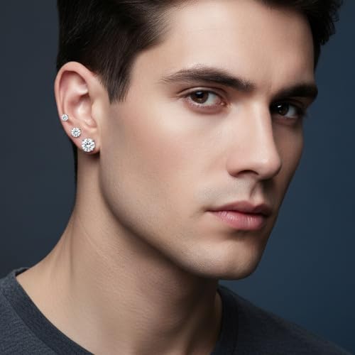 5 Pairs Screw Back Stud Earrings Set, Cubic Zirconia Stud Earring for Women Men Hypoallergenic 316L Surgical Stainless Steel Round Cut CZ 3-7mm - color: White Gold Plated