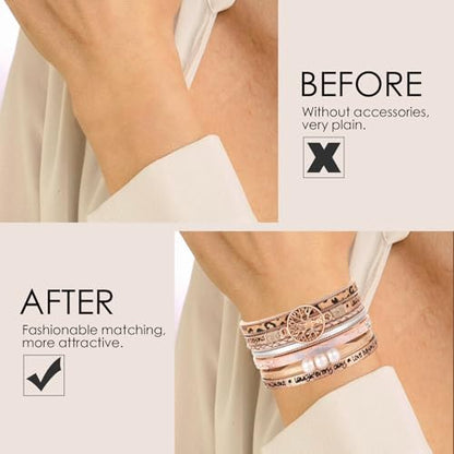 Leather Wrap Bracelets for Women, Boho Leopard Multi-Layer Crystal Beads Cuff Jewelry - color: J-Warp-004